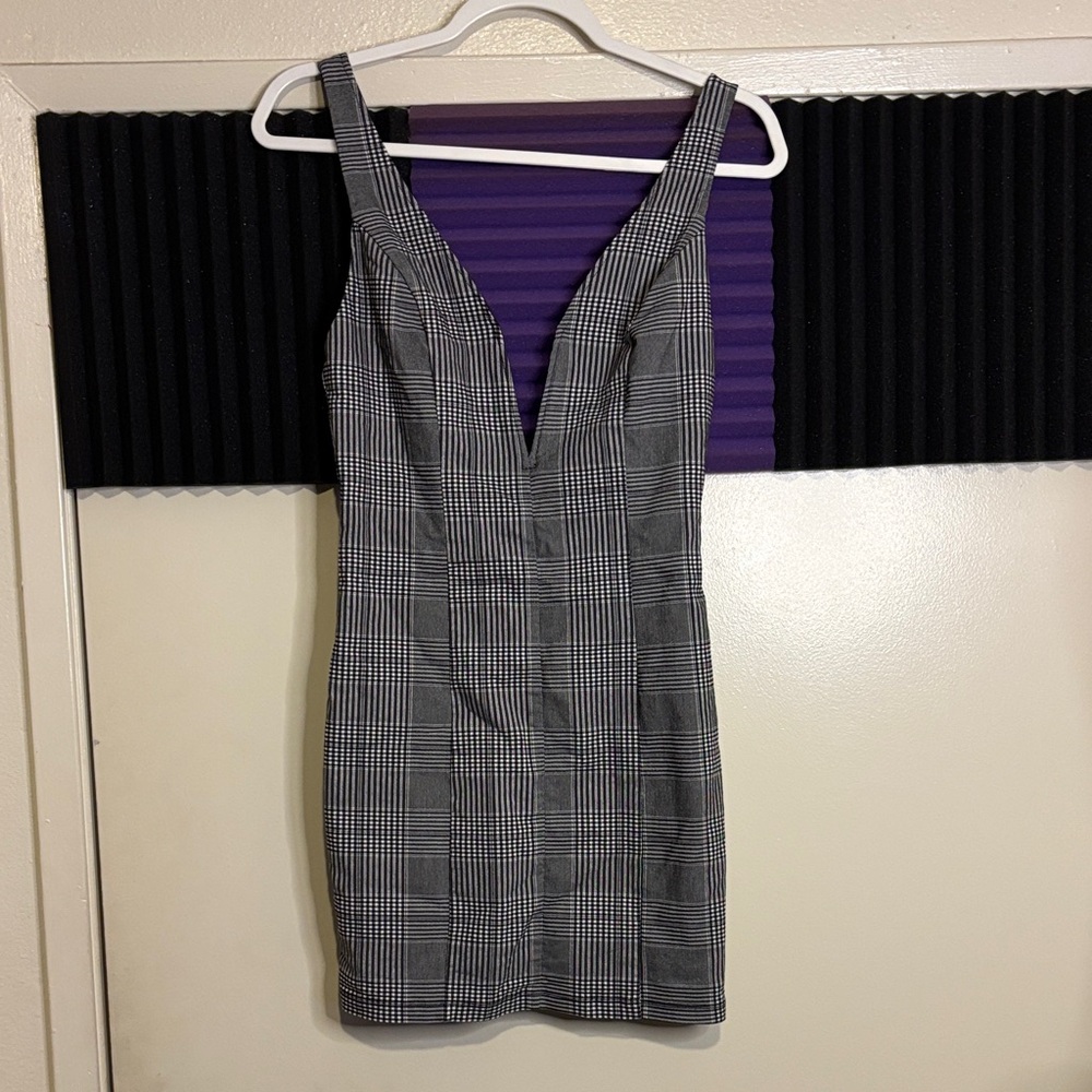 Plaid V-Neck Bodycon Dress - Gray